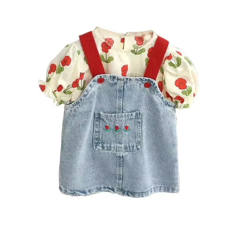 0-6Y Girls Dress Suit Summer New Baby Belt Skirt Short Sleeve Top Two-piece Children\'s Denim Skirt Suit Kids Clothing Set