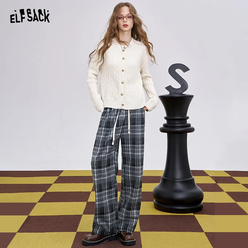 

ELFSACK 2025 Winter New Arrivals Casual Loose Stripe Elastic Drawstring Long Pants For Woman