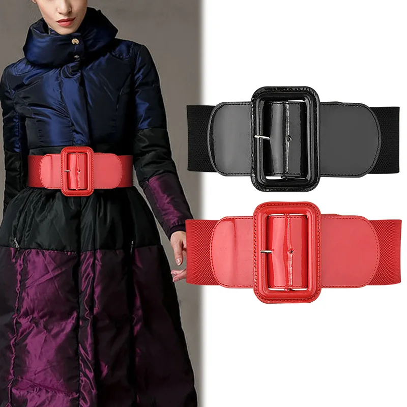 

2024 Wide 7.5cm Black Red Bright Luminous Women Belt Decorative Dress Tight Waist Sweater Coat Elastic Stretch Seal Square