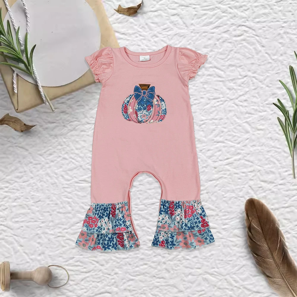 

Fall Floral Pumpkin Embroidery Romper High Quality Long Sleeve Baby girls Wholesale winter onesie