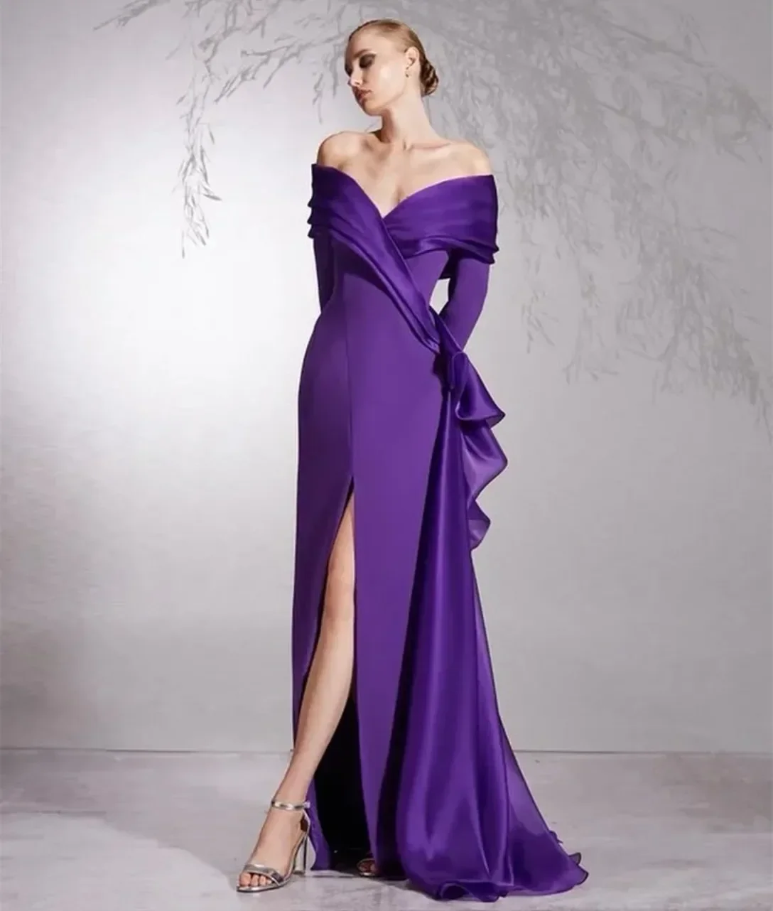 Customized Elegant Long Purple Off Shoulder Evening Dresses with Slit Mermaid Floor-Length Sweep Train Prom Dresses for Women