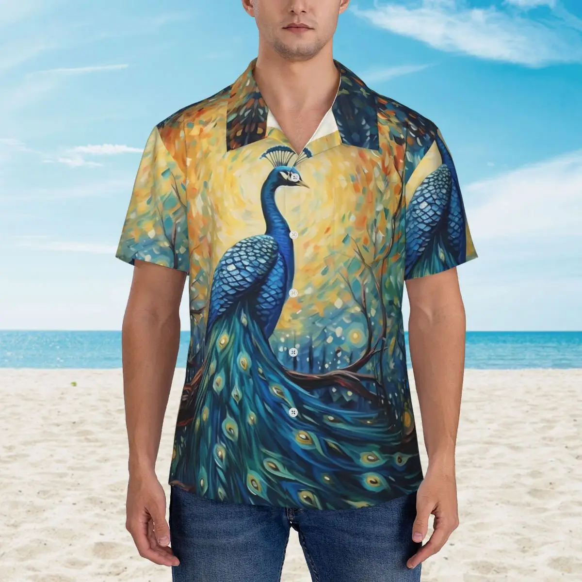 Camisa hawaiana con pintura de fantasía sobre pavo real, camisas informales de playa para hombre, ropa de calle de manga corta, blusas elegantes de gran tamaño