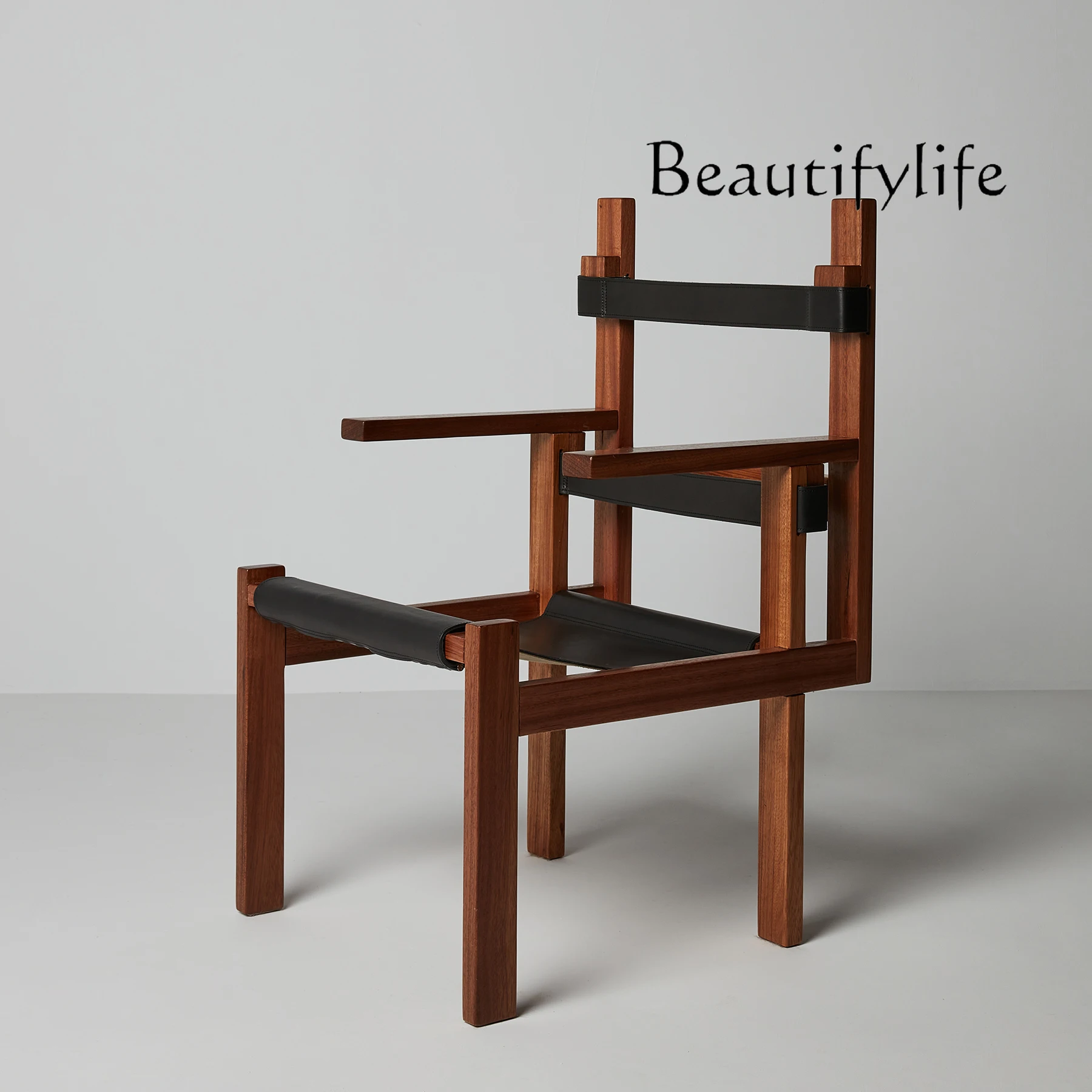 Modern Retro Simple Bauhaus Chair Wooden Strip Walnut Vegetable Tanned Leather Chair Handmade Chair