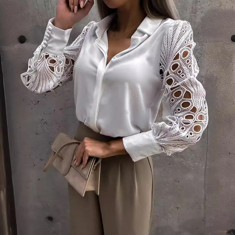 Elegante camisa feminina de emenda de renda, manga comprida, gola lapela, elegante, oca, top retalho para A