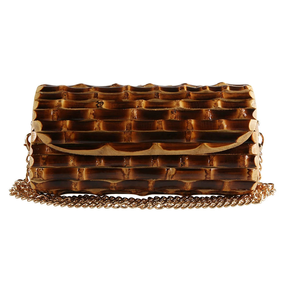 Long Chain Vintage Retro Wood Rattan Straw Evening Bag Unique Handmade Black Bamboo Root Cross Body Messenger Shoulder Bag