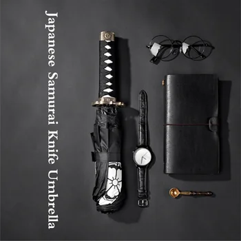 Japanese black coating windproof Ninja like samurai sword umbrella three fold short handle rain sun straight umbrella rib