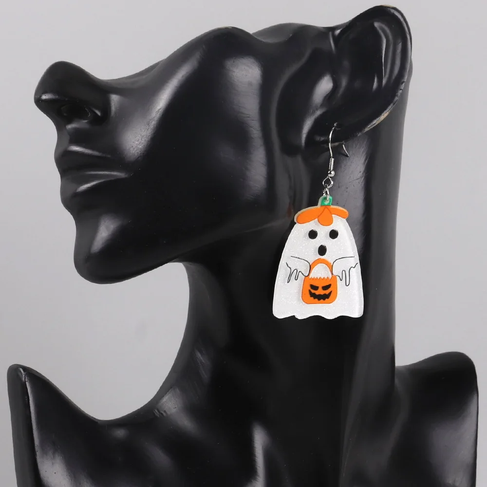 Orange and White Glitter Acrylic Cutest Pumpkin Ghost Halloween Dangle Earrings Fall Gifts Jewelry