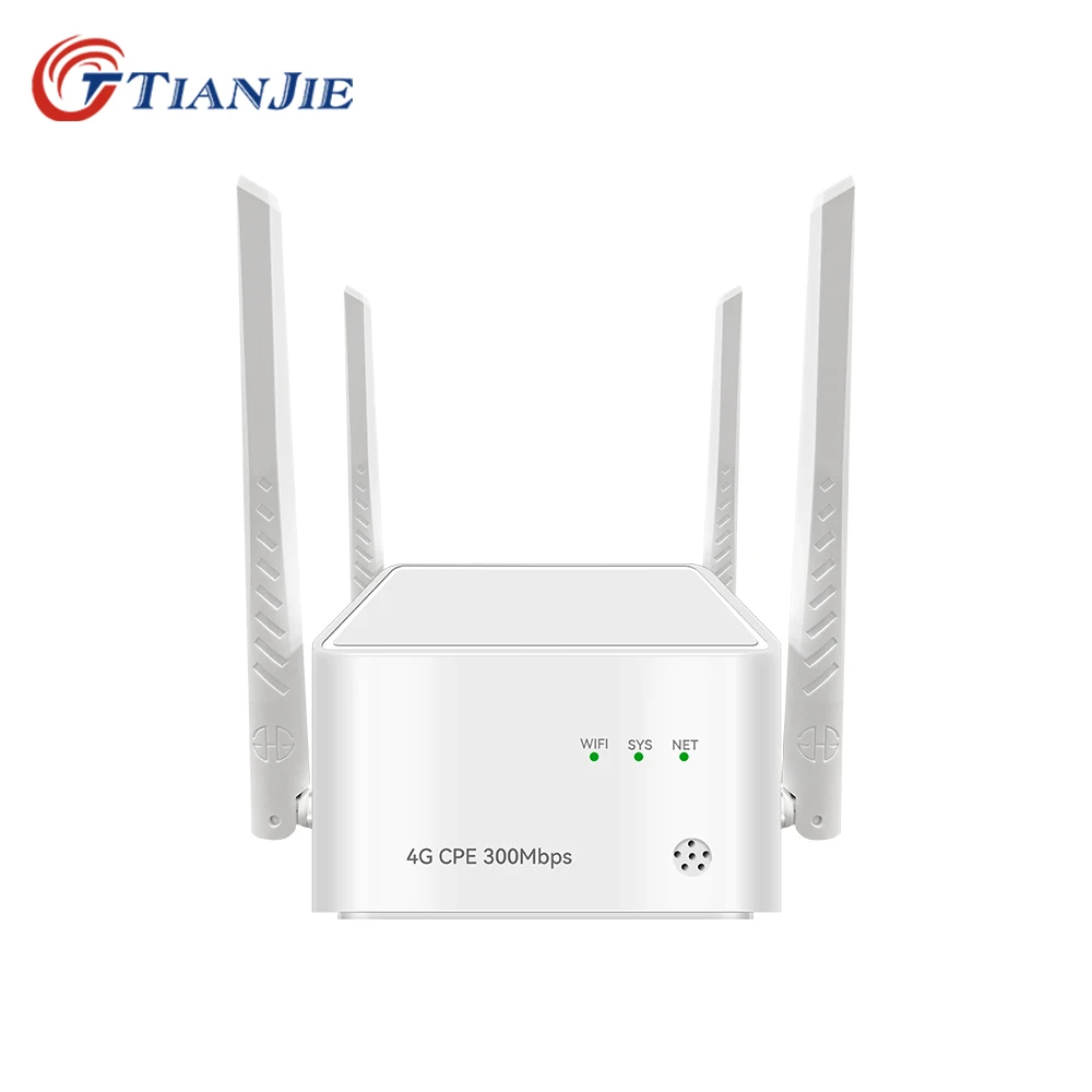 

TIANJIE 300Mbps Wifi Router 4G Sim Card Wireless Modem Outdoor LTE 5dBi 4 External Antennas Networking Adapter Support 32 Users