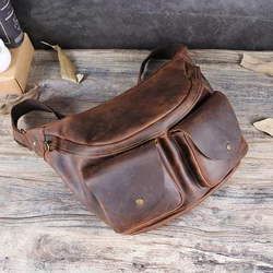 Vintage Top Layer Cowhide Chest Bag Casual Men's Outdoor Shoulder Crossbody Bag Fashion Trend Leather Waist Pack