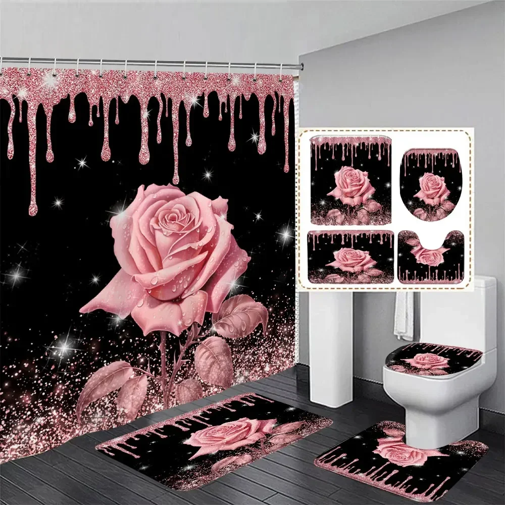 Pink Glitter Rose Shower Curtain and Rug Bathroom Set Floral Pink Glitter Shower Curtains Bath Mat Bathroom Decor with Hooks