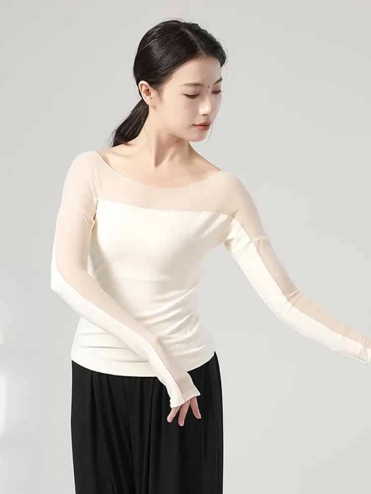 

Dance Competitions Classic Costume Temperament Long Sleeved Modern Dance Mesh Splicing Slim Fit and Slimming Body Clothing Top