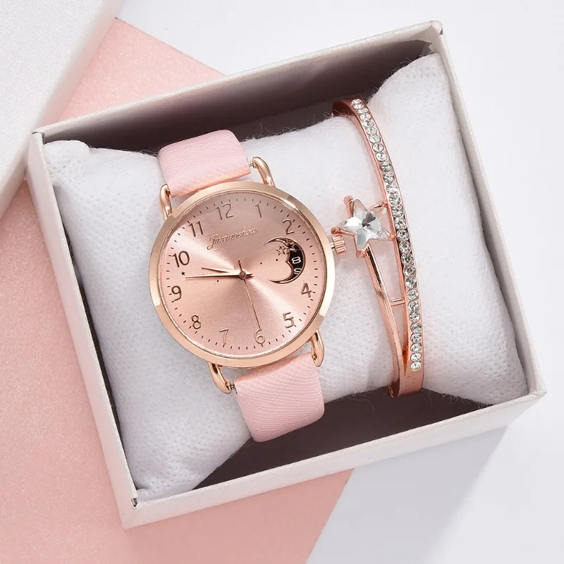 Montre-bracelet à quartz en cuir pour femme, cadran de lune et de chiffres, horloge pour femme, ensemble de montres pour femme