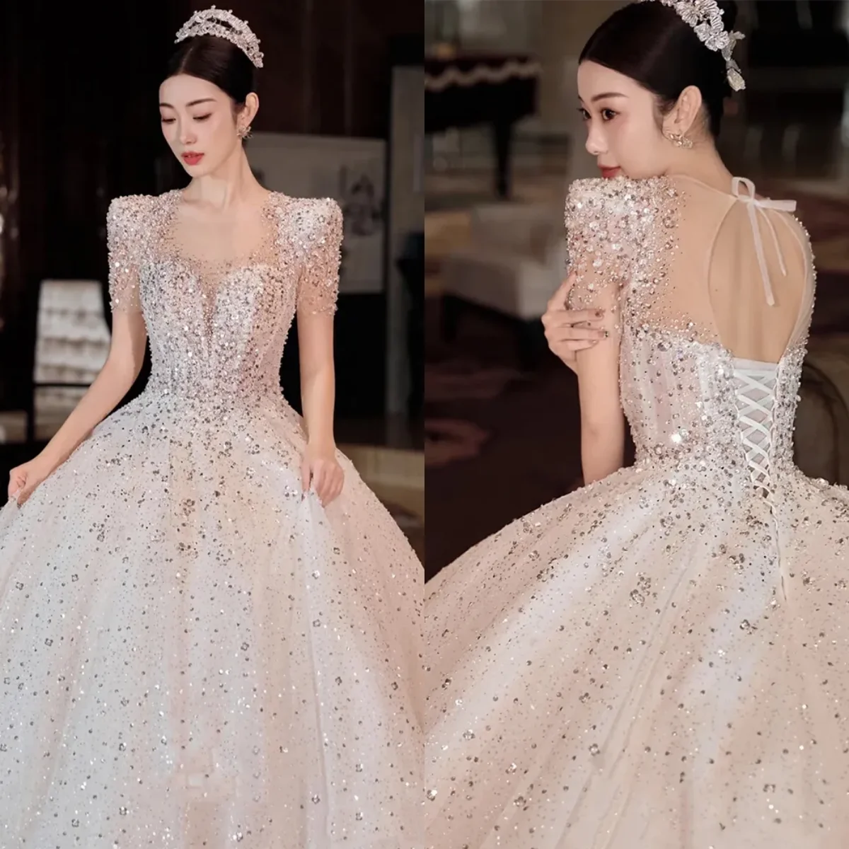 

Customized 2026 Princess Dress Wedding Dress Round Neck Short Sleeved Mesh Sequin Bead Decoration Backless Lace Vestido De Novia