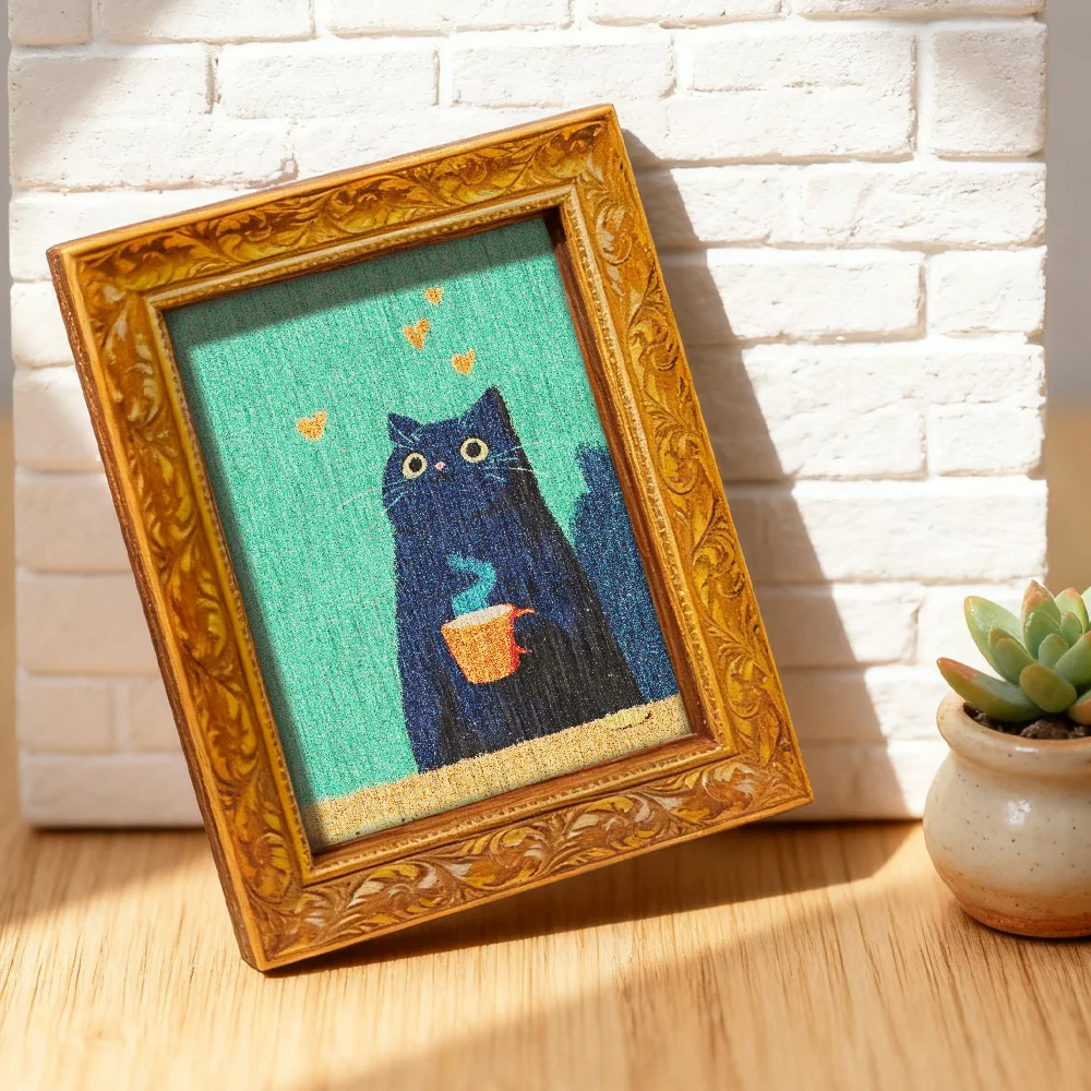Vintage-Kühlschrankmagnet mit geschnitztem Holzrahmen, niedlicher Kühlschrankaufkleber mit schwarzer Katze, die Kaffee trinkt, für Küchendekoration und Katzenliebhaber – Detail 2