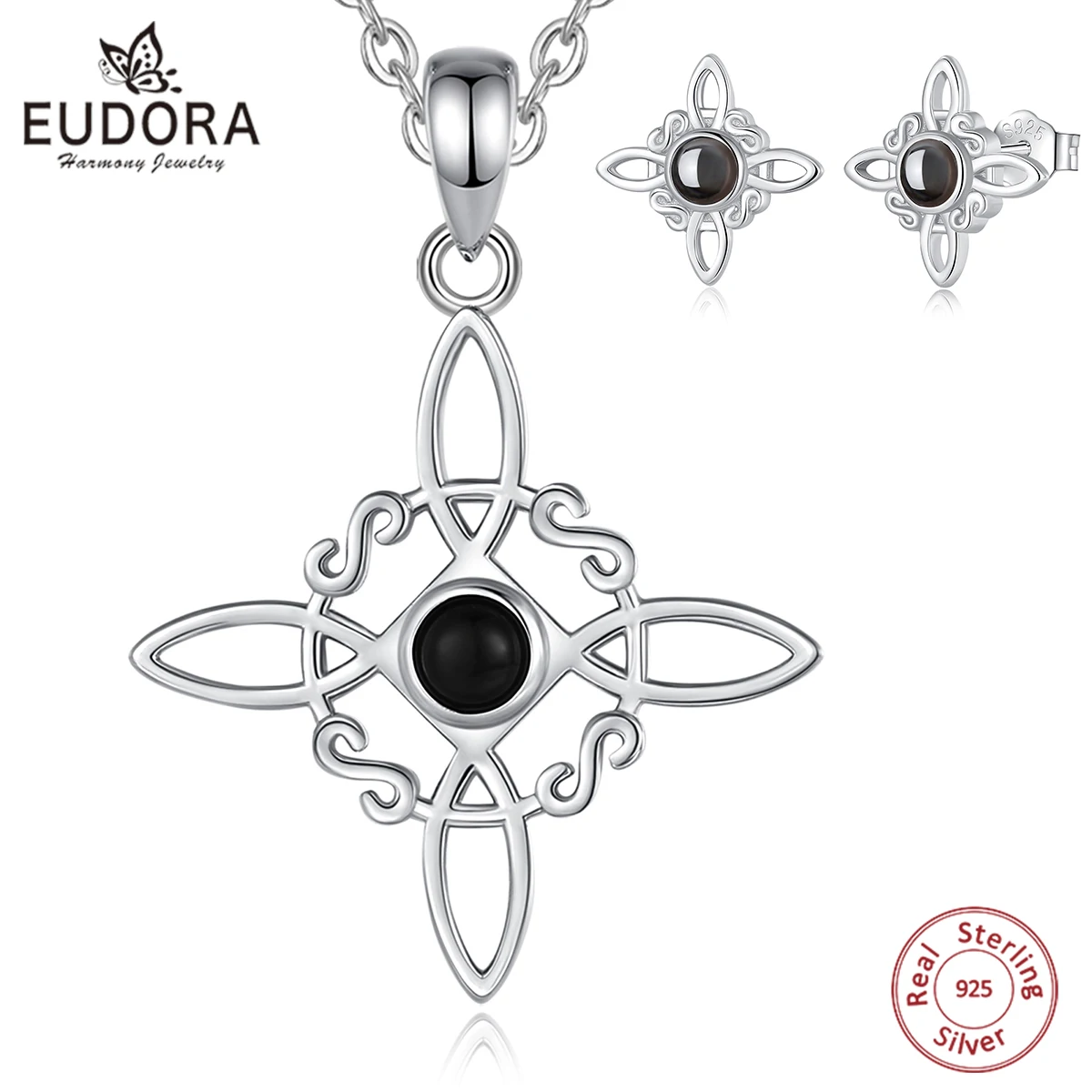 

Eudora 925 Sterling Silver Witch Knot Earrings & Necklace Obsidian Wicca Irish Celtic Knot Necklace Witchcraft Women Jewelry Set