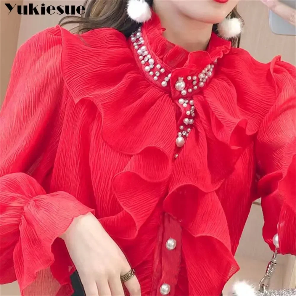 

2025 Spring Autumn Korean stytle Trend SolidRuffled Chic Tops Shirts Blouses Women Fashion Long Sleeve Elegant Office Lady Chic