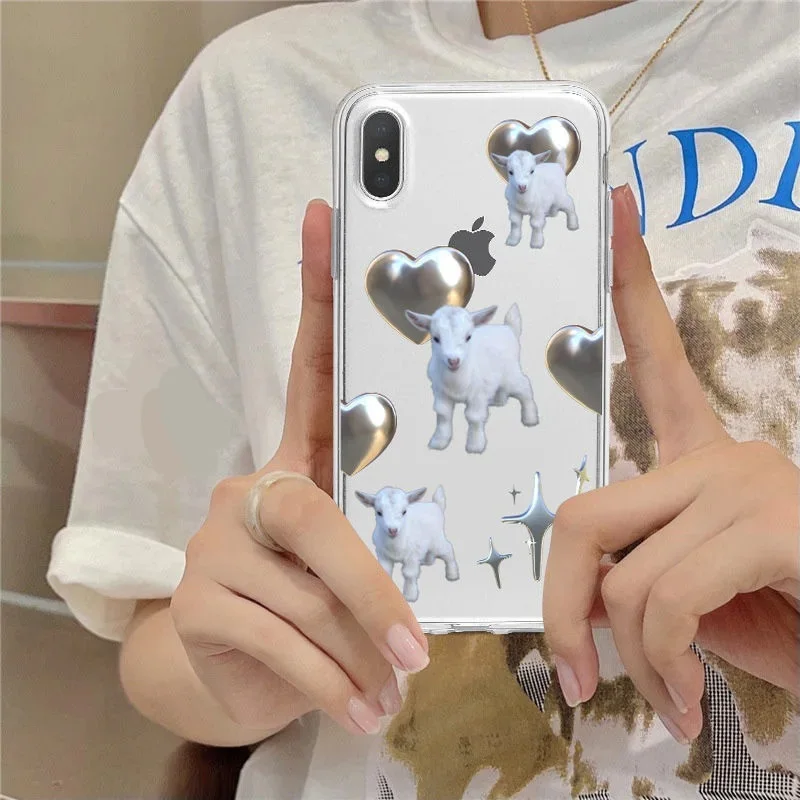 Lamb Transparent Animal Phone Case For iPhone 16 15 14 13 12 11 Pro Max XR XS Max 7 8 Plus MINI Y2K Cartoon Cute Silicone Cover