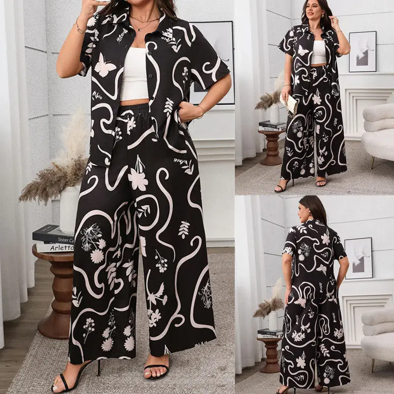 

plus Size Summer Printed Shirt And Pants Women's Fashion Set Fat MM Two-Piece Suit Polyester Fiber Short Sleeve Collar