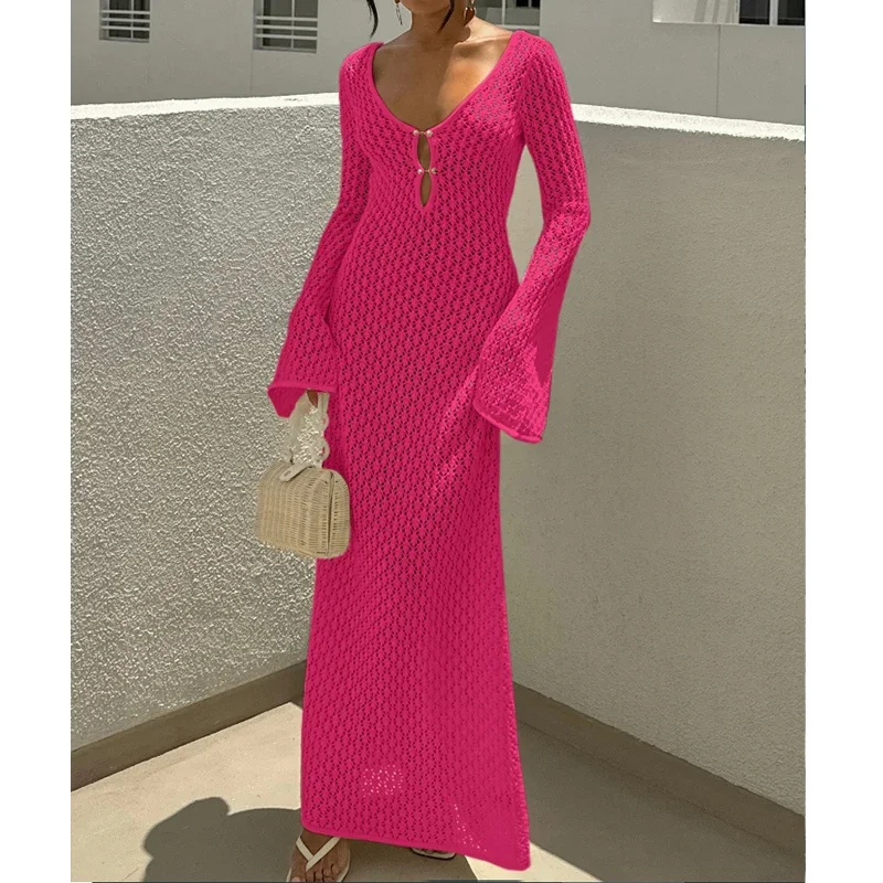 BluWin New Style Knitting Hollow Out V-Neck Long Sleeve Dress Ladies Beach Holiday Backless Bikini CoverUps Sunscreen Long Dress