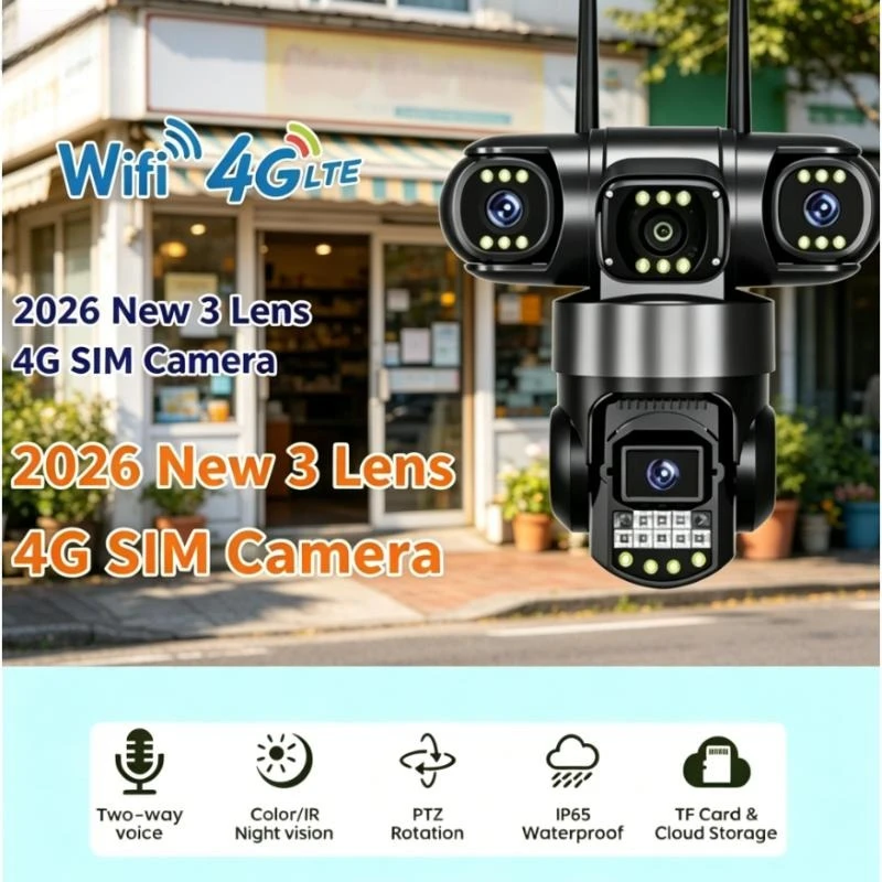 Nouvelle Caméra de Sécurité Extérieure 4G WiFi 2026 avec 3 Objectifs, Vision Nocturne, Étanche à 360 Degrés, Caméra IP de Surveillance Sans Fil