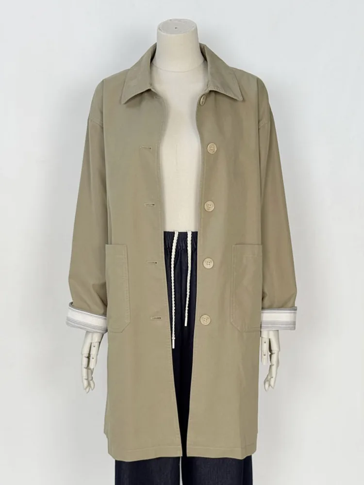 ZMEENNA femmes Beige Trench manteau simple boutonnage veste avec col rabattu rayé contraste manchette printemps automne ZM4268