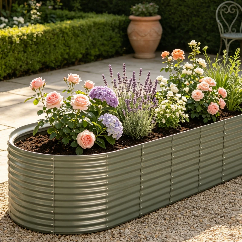 Bac à plantes surélevé en acier galvanisé gris, dimensions 322×100×68 cm, structure robuste et durable, conception sans fond, bac à plantes pratique pour légumes, fruits et herbes dans les jardins, sur les balcons et les terrasses.