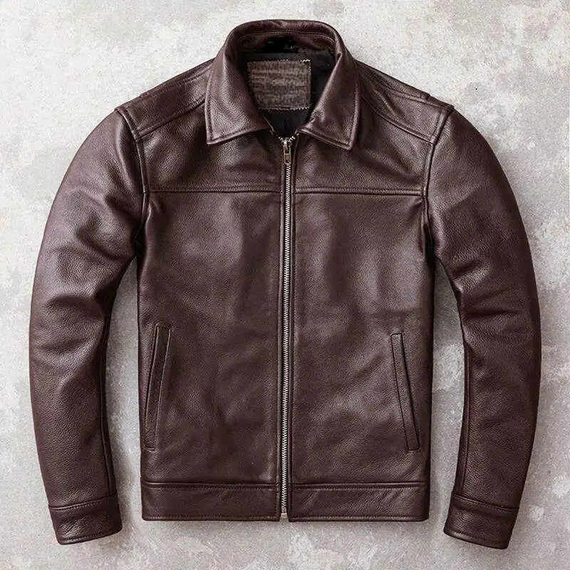 New first-layer cowhide leather jacket men's slim leather jacket casual dark brown business men's lapel large size jacket