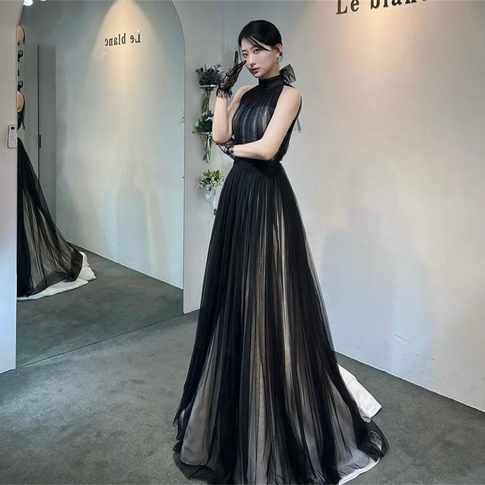 

Elegant Women's Evening Dress 정장원피스 Vestidos de festa Korea Elegant Black Tulle Formal Halter Custom Made A-Line Prom Gown