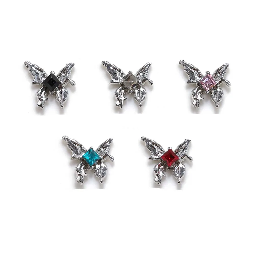 10pcs Silver Alloy Butterfly Nail Art Charm 3D Liquid Flow Butterfly with Diamond Nail Decor Parts DIY Japanese Nail Accessories