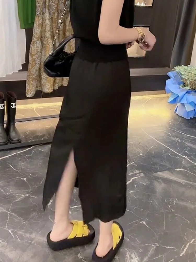 plus Size Women's Satin A-Line Midi Skirt Summer Slimming High Waist Split Straight Cut Casual  Shape Pear Shape Waistline view 5