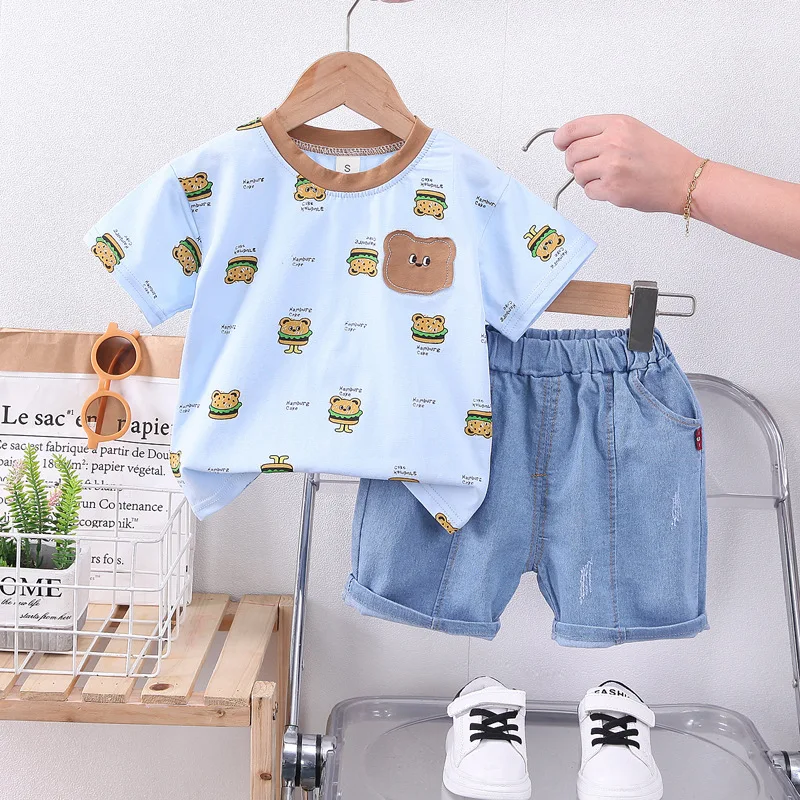 Baby Boy Two Piece Set Toddler Summer Clothes for Boys Cartoon O-neck Short Sleeve T-shirts Tops and Denim Shorts Kids Outfits