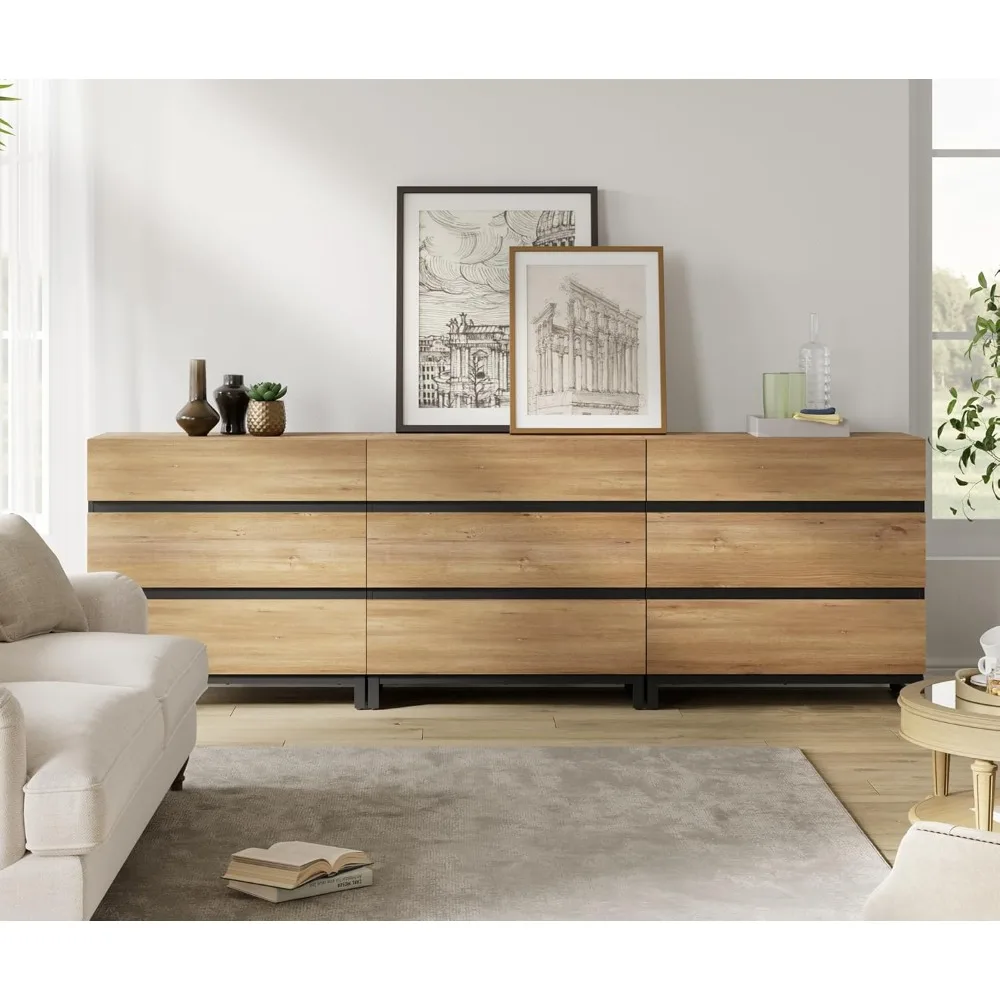 Dresser for Bedroom, Modern Wooden Chest of Drawers with Metal Base, 9-Drawer Storage and Closet Organizer for Living Room