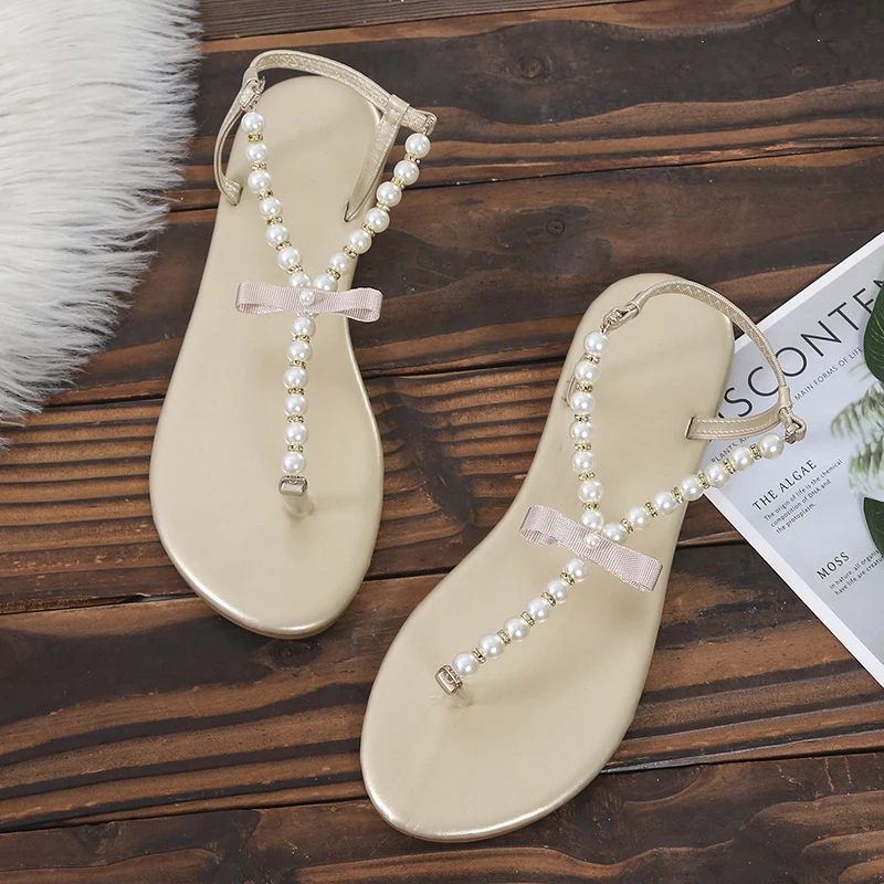 2022 Summer Women Sandals Flat Clip-toe Pearl String Sandals Plus Size Female Shoes 43 Trendy Boho Beach Pink Shoes