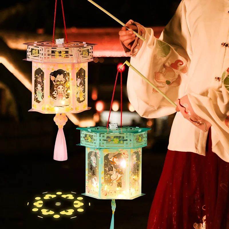1PCS Chinese Lanterns Retro Jade Rabbit Portable Lanterns Handmade DIY Luminous Mid-Autumn Festival Stage Performance Props Gift