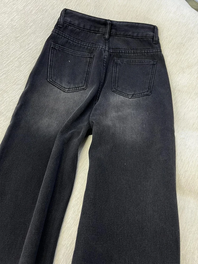 High Waist Wide Leg Fce Lined Thiened Warm Denim Jeans Women Loose Slimming Straight Cut Slim Fit Casual Trousers