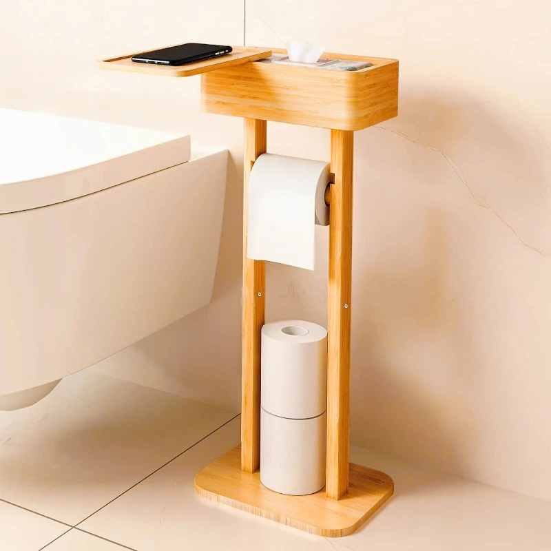 4-in-1 Toilet Paper Holder Stand with Storage Shelf Box, 360° Rotating Bamboo Free Standing Toilet Tissue Roll