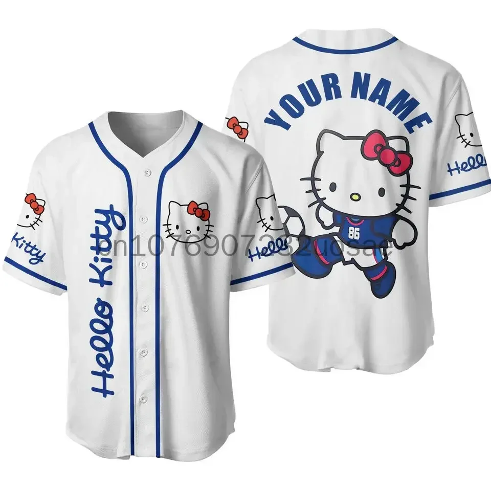 

2024 New Hello Kitty Baseball Lovely Personalized Cartoon Print Baseball Jersey Shirts Outdoor Sports Casual Men Women Kids Tops