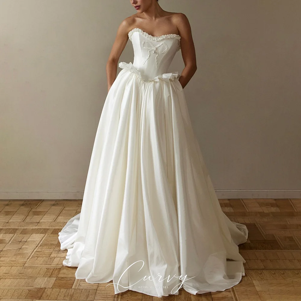 Curvy Sweet Girly Strapless Satin A-Line Wedding Dress with Corset Bodice Backless Customized for Brides 2026