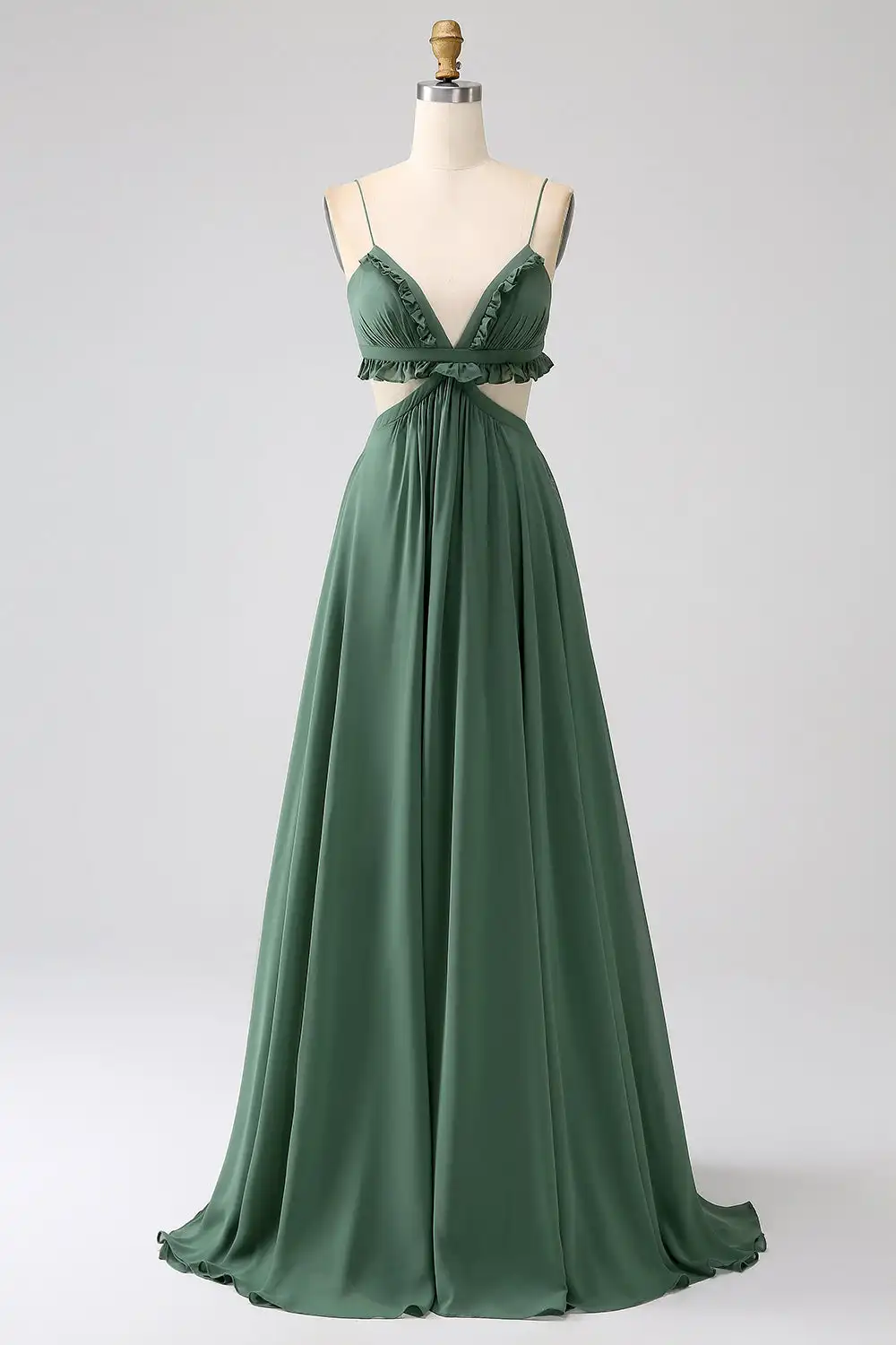 Vestido de dama de honor largo con tirantes finos y volantes, color verde, 2024