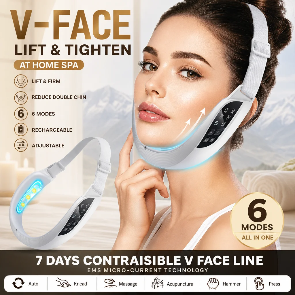 Masseur facial à 6 modes et 8 niveaux de vibration pour le soin du visage et le contouring, appareil de soin de la peau rechargeable par USB avec bandeau réglable