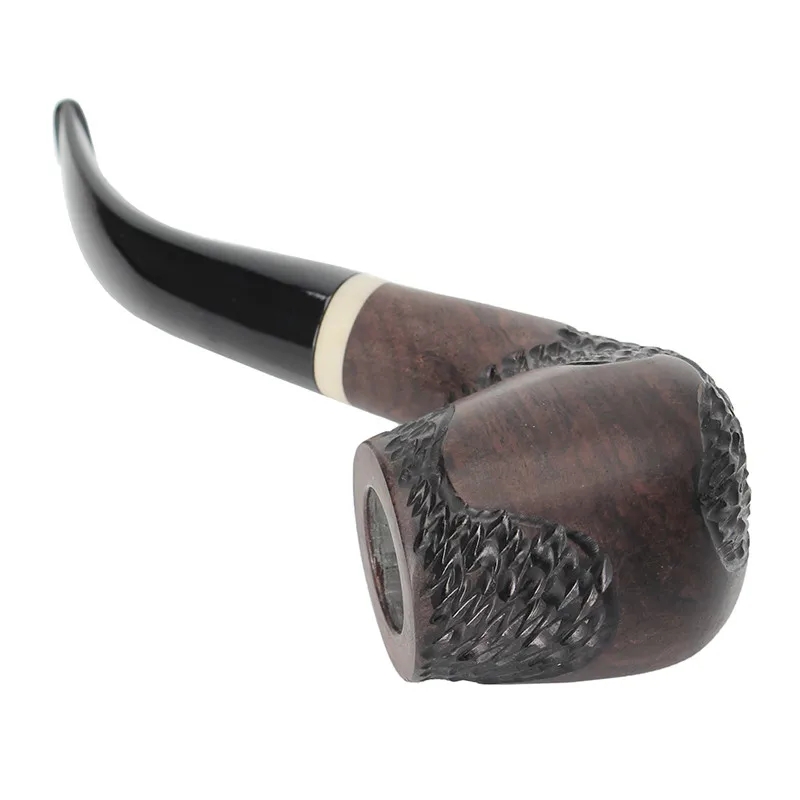 MUXIANG-Ebony Wooden Carved Smoking Pipe, Curved Handle, Imitation Ivory Ring, 9mm Filters, Free 10 Pipe Tools, wgac0024k01