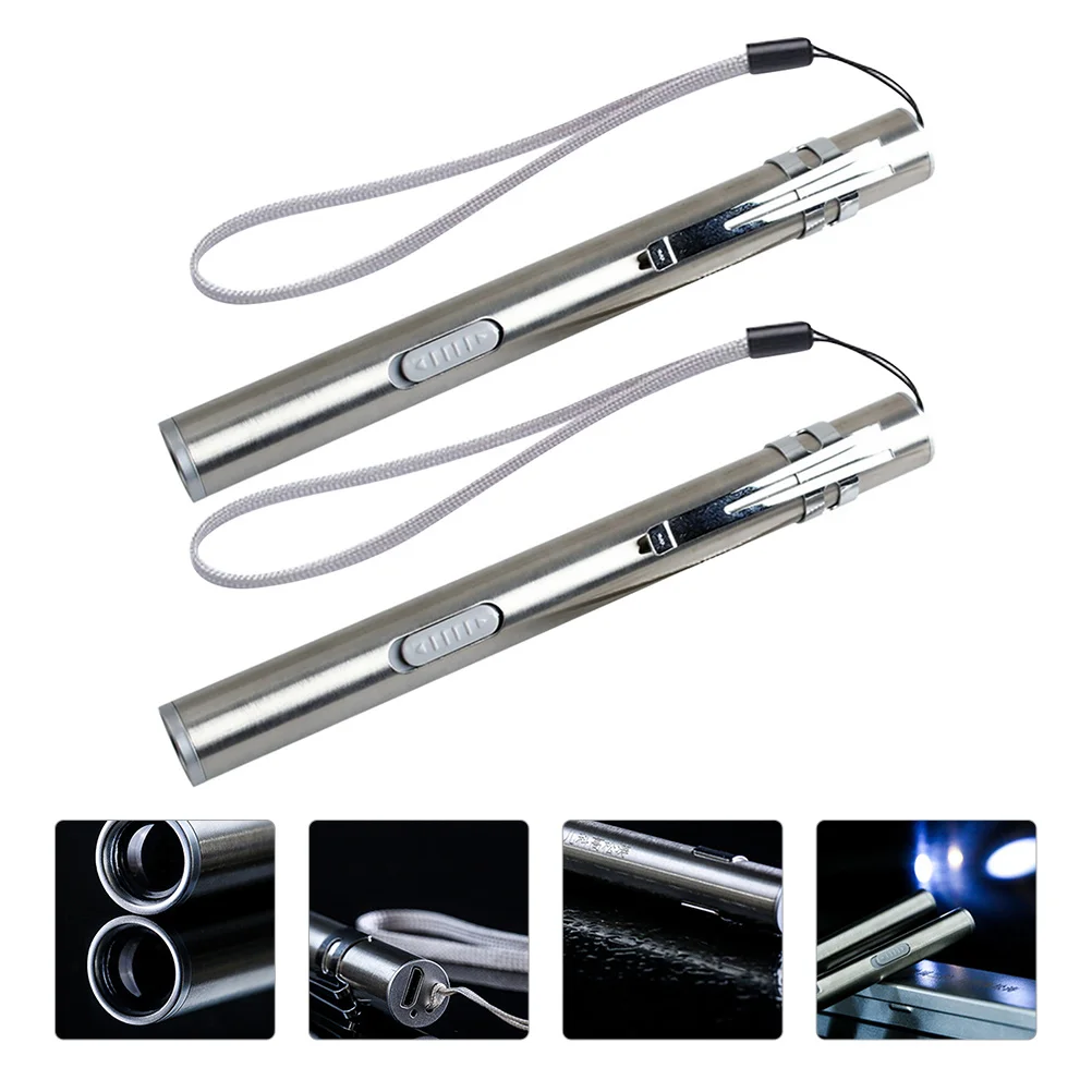 

2Pcs LED Medical Pen Light USB Charging Waterproof Design Portable Inspection Lamp for Healthcare Professionals Silver