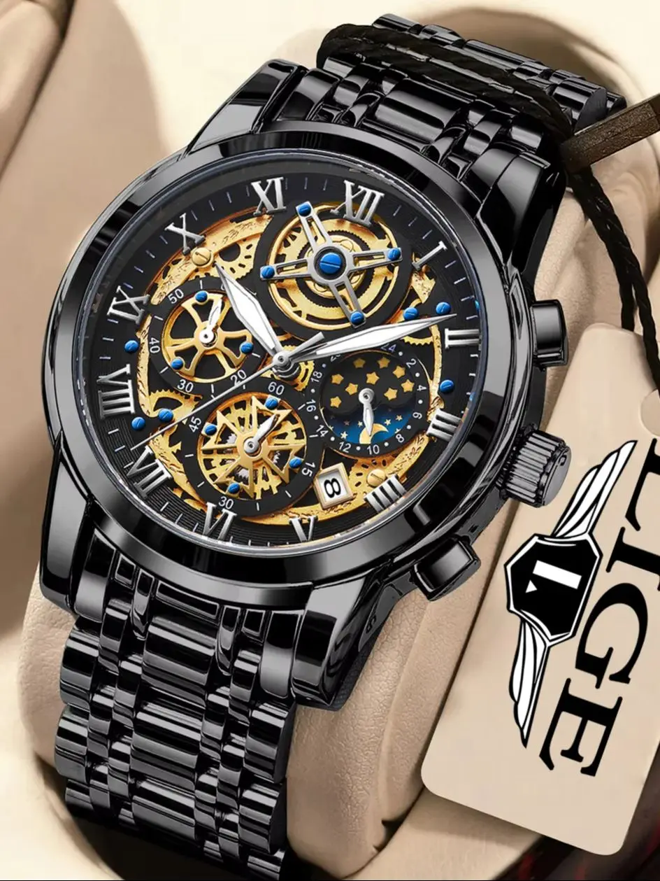 Montres pour hommes LIGE noires, montre de luxe à phase lunaire luminescente pour hommes, montre-bracelet à quartz décontractée pour affaires, étanche, chronographe pour homme