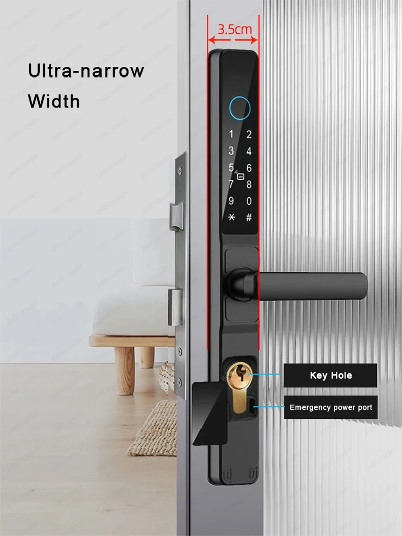 Schlankes 3,5 cm wasserdichtes Aluminium-Schiebetürschloss mit Fingerabdruck, Passwort, IC-Karte, schlüsselloser Zugang, elektronisches Türschloss, Alexa, Google – Detail 11