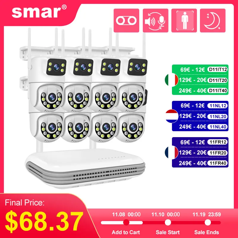 Smar 6MP Dual Lens IP Cameras Wireless CCTV system 8CH NVR Two Way Audio Outdoor PTZ WIFI Security Camera Video Surveillance Kit