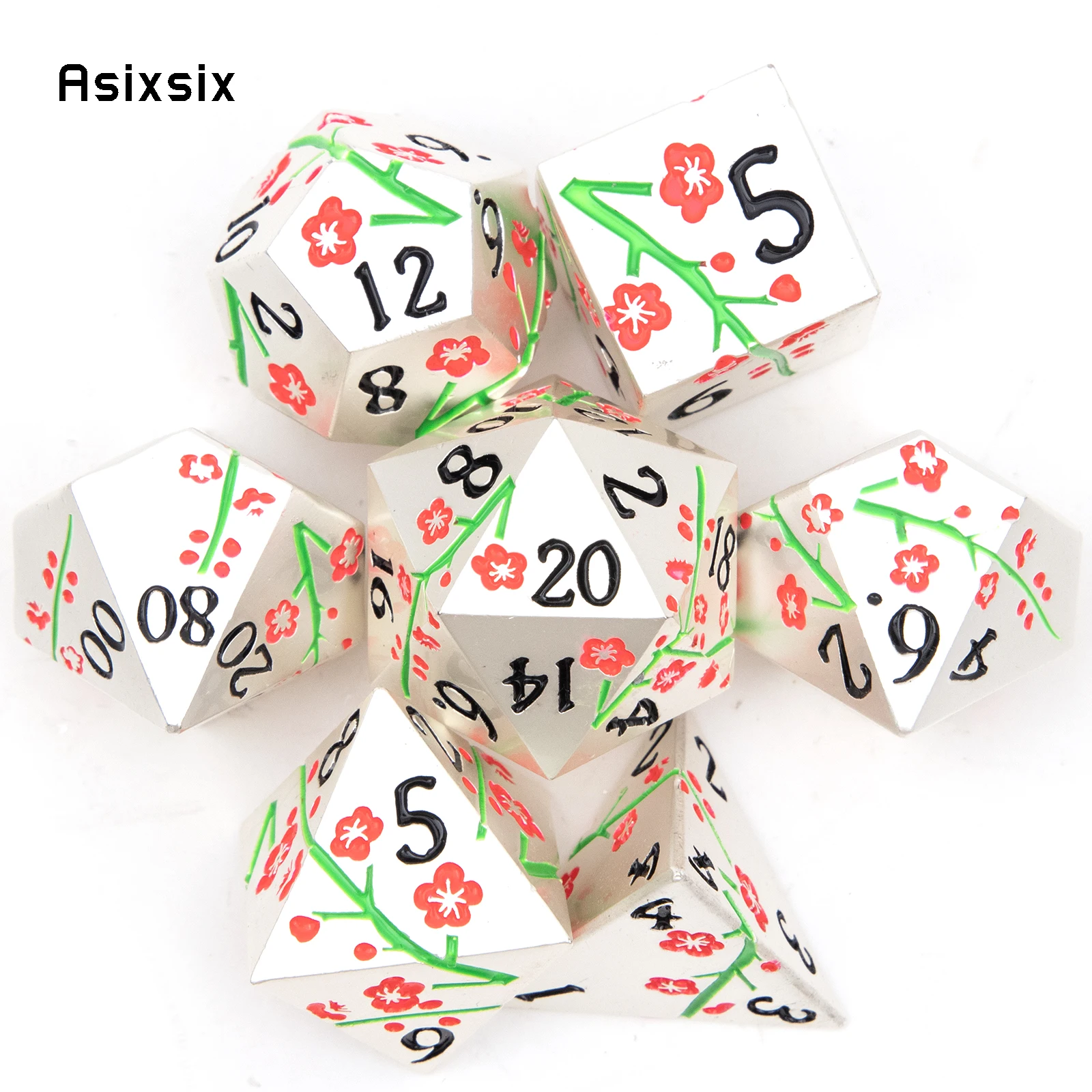 

7 шт. серебряные металлические игральные кости с цветком, набор твердых металлических многогранных кубиков, подходящий для ролевых игр, настольная игра RPG, карточная игра