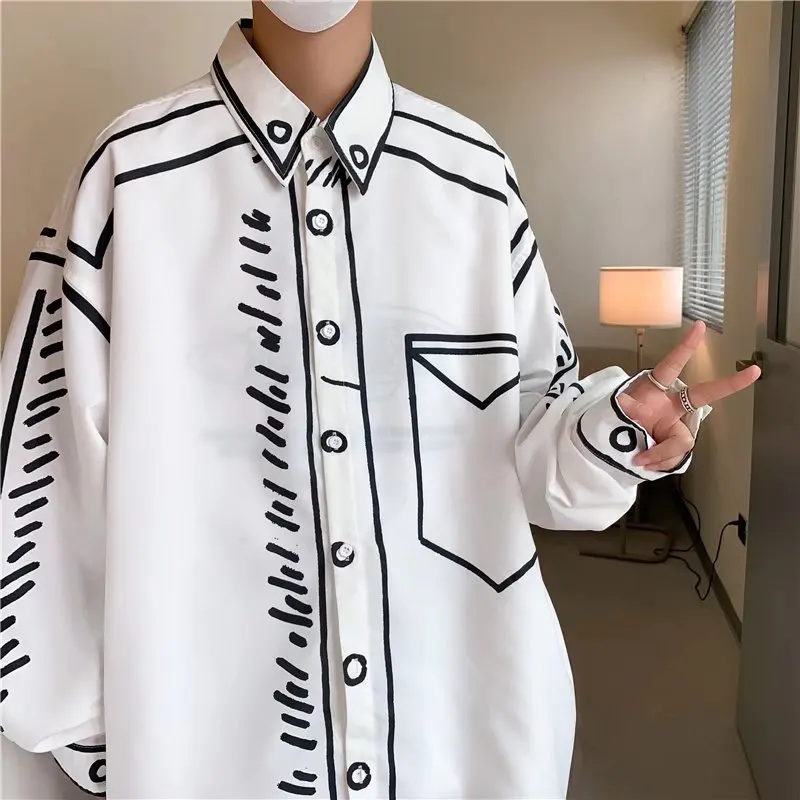 new shirt men\'s hand-painted graffiti long-sleeved shirt spring and autumn large size loose top Hong Kong style shirt jacket