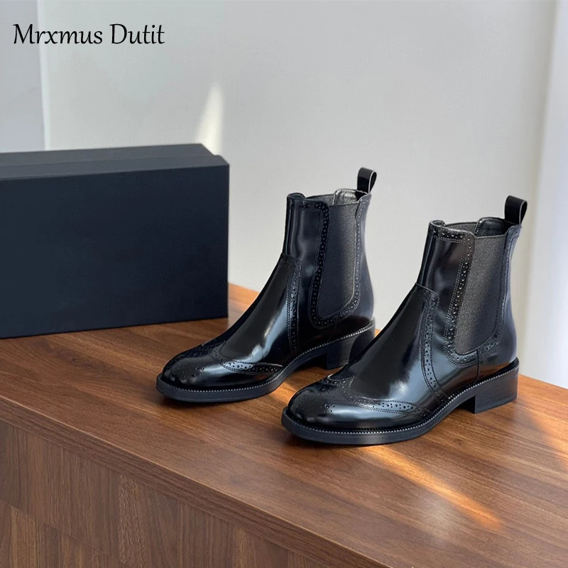 Mrxmus Dutit Winter New Women's Shoe Head Layer Cowhide Round Head Carved Flat Mid-Heel Ankle Boots English Style Chelsea Boots