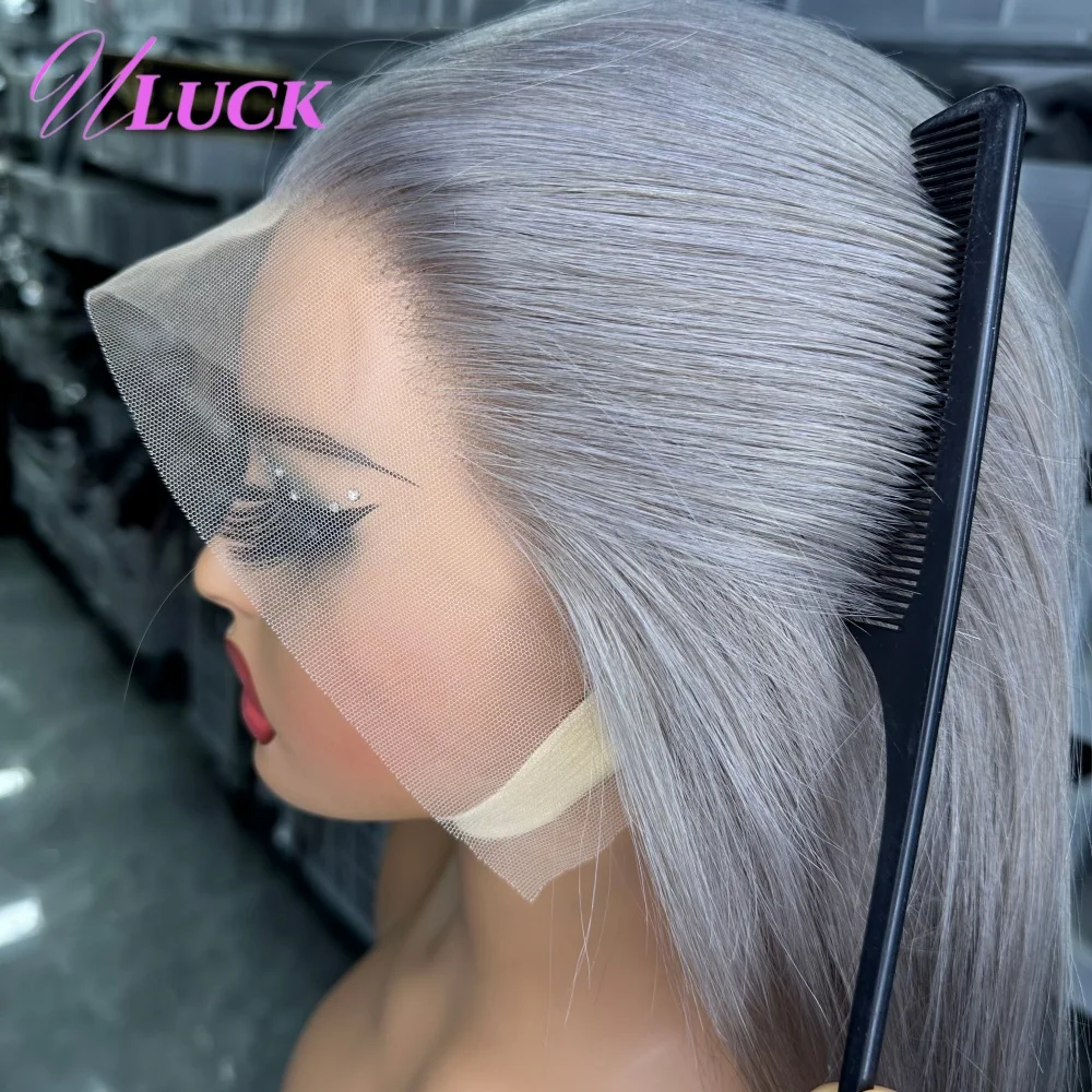 Uluck رمادي اللون مزدوج تعادل قصير مستقيم بوب شعر مستعار البرازيلي 100% باروكة من شعر طبيعي 200% الكثافة 13x4 الدانتيل الباروكات الأمامية للنساء