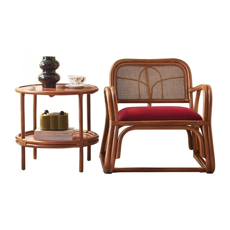 Retro rattan three-piece armchair, coffee table, sofa back; handmade multi-functional home furniture